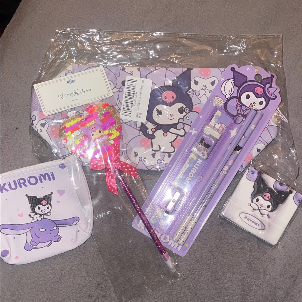 Kuromi hello Kitty bundle make up bag, mirror, coin, purse, pencil set, pen nwt